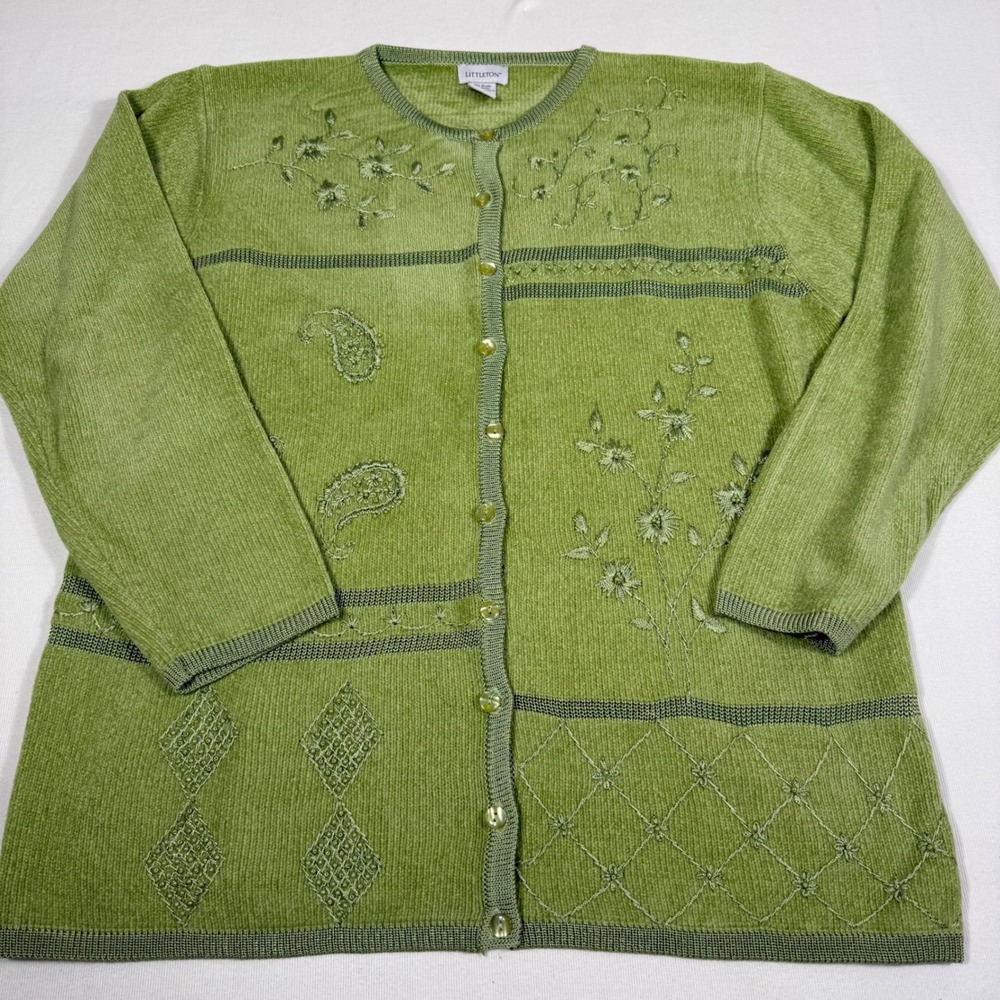 Littleton Cardigan Sweater XL Green Embroidered Beaded Floral Paisley cottage